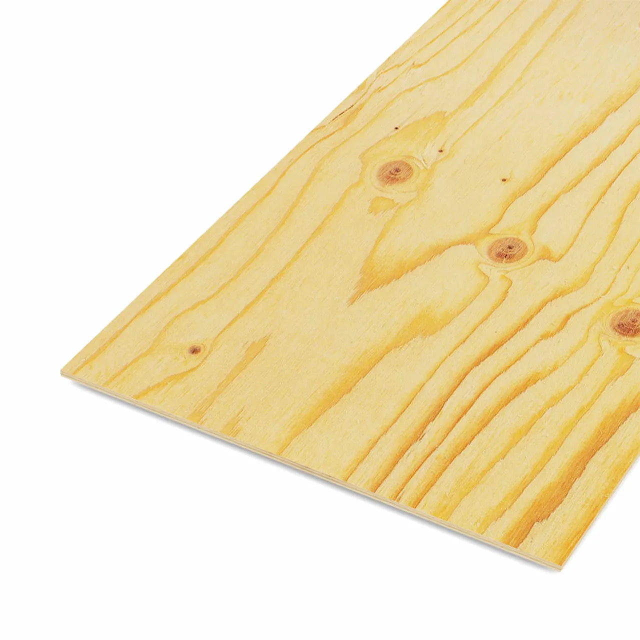 A 1/2 in. x 4 ft. x 8 ft. Go Build Pressure Treated Southern Yellow Pine Plywood Sheathing with natural light wood grain and visible knots is placed at an angle on a white background.